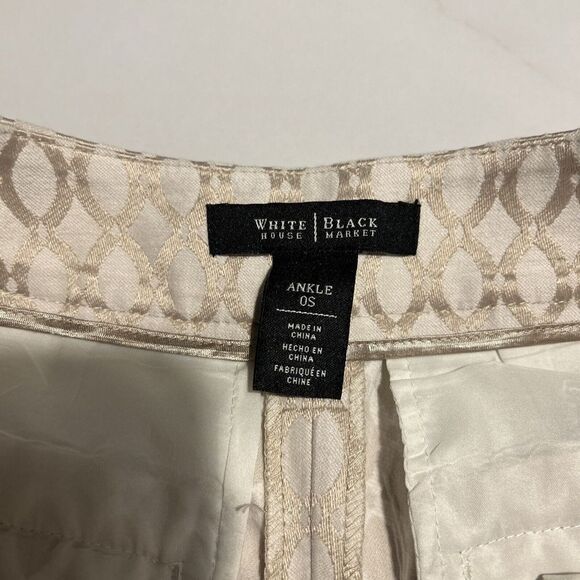 White House Black Market Pant sz 0 Ivory Gold Ankle Oval Trellis Pattern 28X25" - Picture 7 of 8